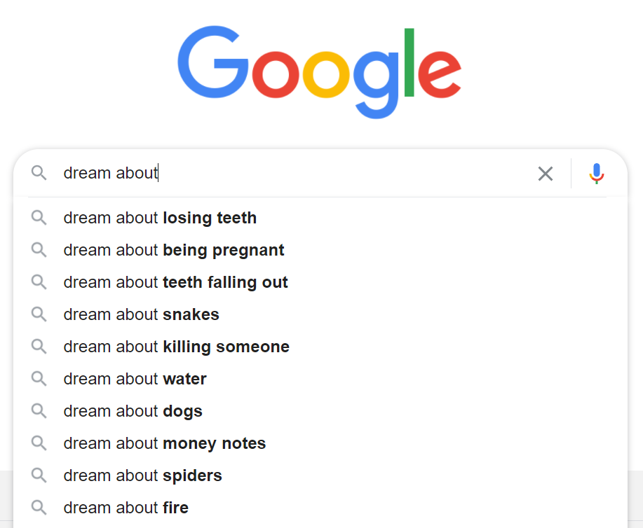 Google search suggestions from the seed term, 'dream about...'